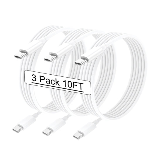 Iphone 15 Charger, Long Length White 10Ft 3 Pack USB C to USB C Charging Cable, 60W Charger Cord for Iphone 15/Ipad/Macbook/Samsung Galaxy